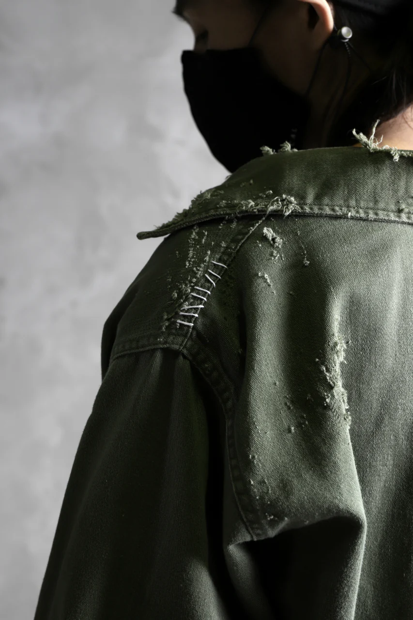 RESURRECTION HANDMADE vintage damage military work shirt (KHAKI GREEN) - Image 16