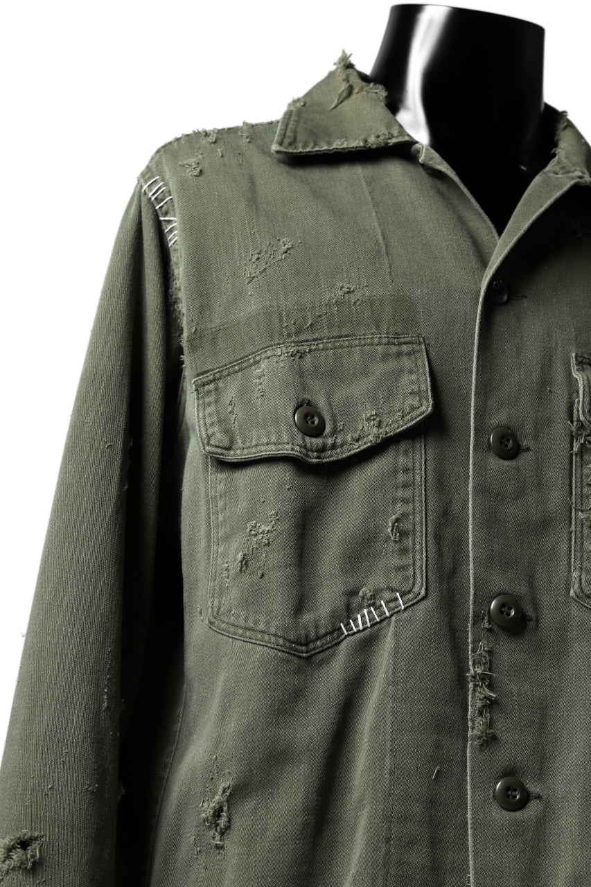 RESURRECTION HANDMADE vintage damage military work shirt (KHAKI GREEN) - Image 9