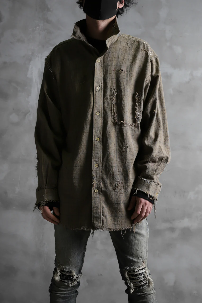RESURRECTION HANDMADE vintage damage plaid shirt (KHAKI BEIGE) - Image 15