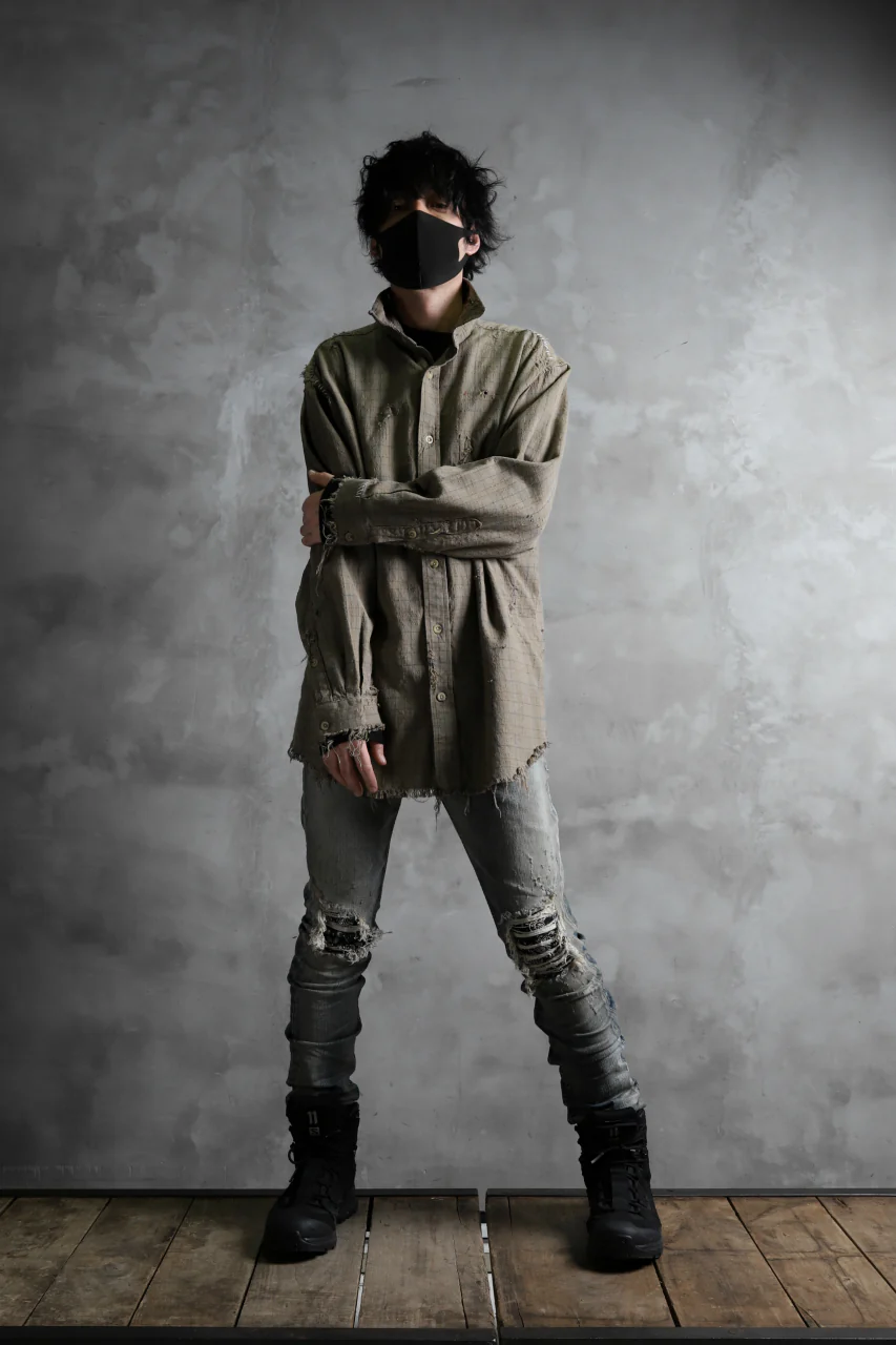 RESURRECTION HANDMADE vintage damage plaid shirt (KHAKI BEIGE) - Image 20
