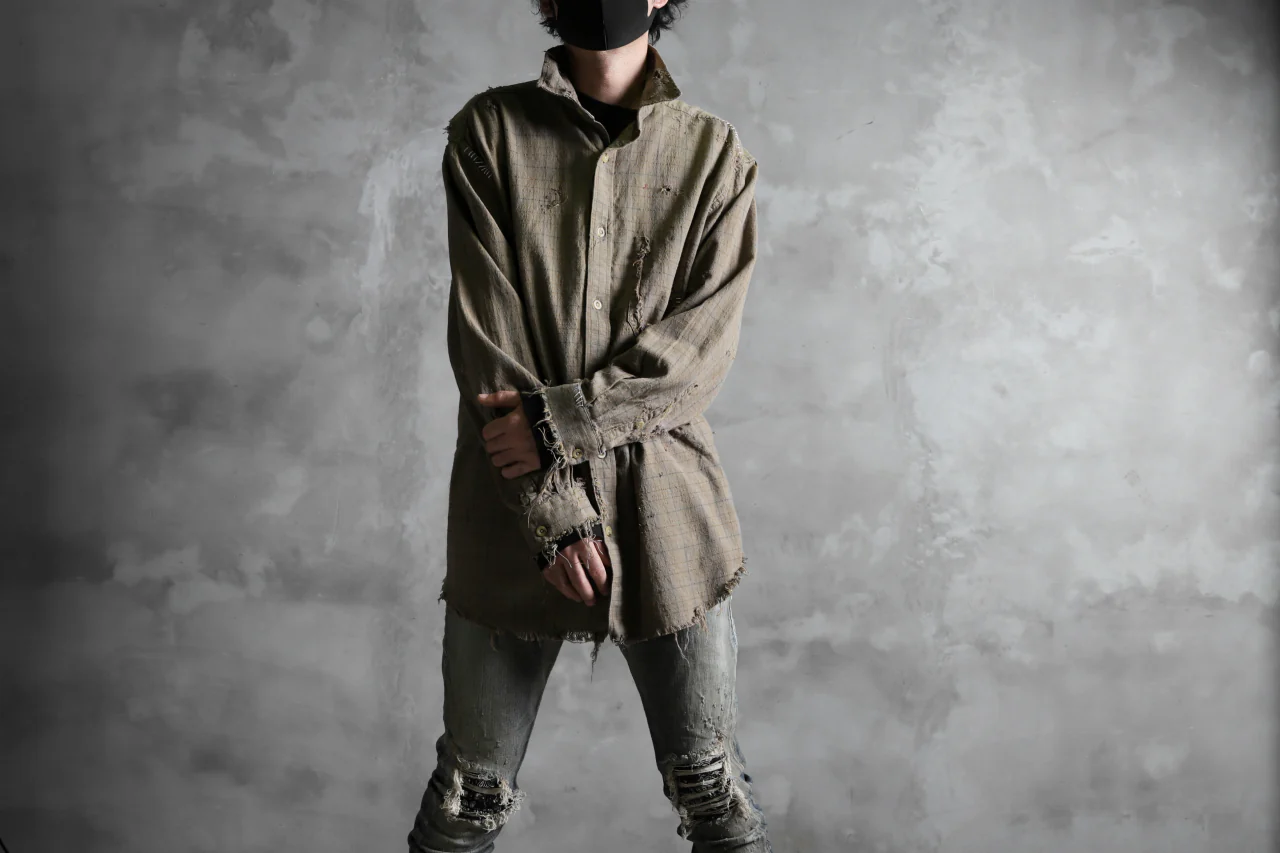 RESURRECTION HANDMADE vintage damage plaid shirt (KHAKI BEIGE) - Image 27
