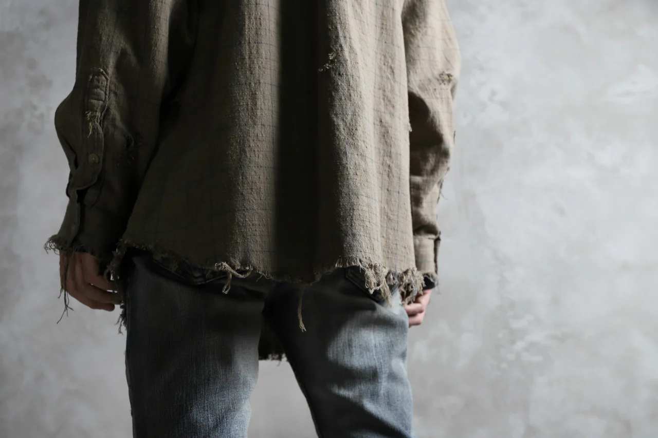 RESURRECTION HANDMADE vintage damage plaid shirt (KHAKI BEIGE) - Image 29