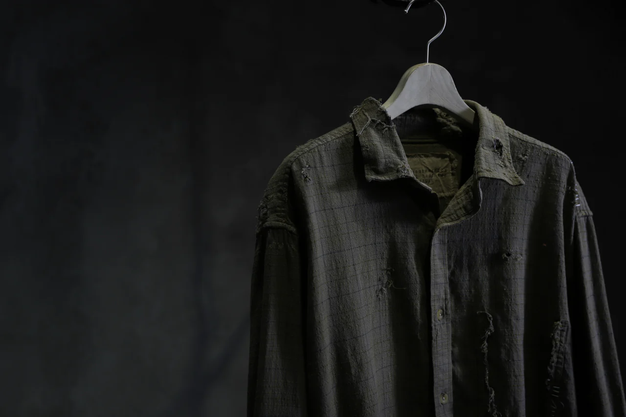 RESURRECTION HANDMADE vintage damage plaid shirt (KHAKI BEIGE) - Image 30