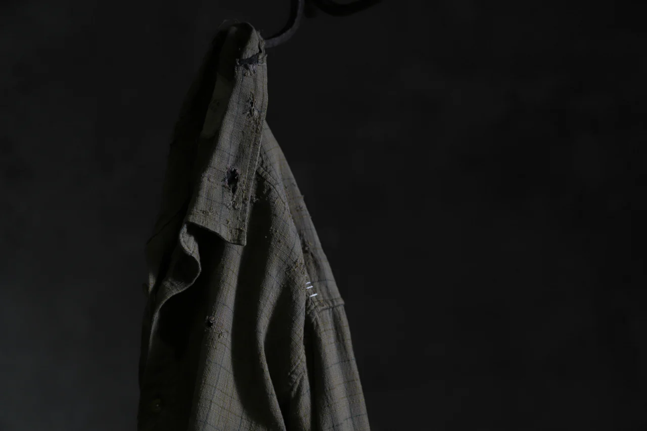 RESURRECTION HANDMADE vintage damage plaid shirt (KHAKI BEIGE) - Image 32