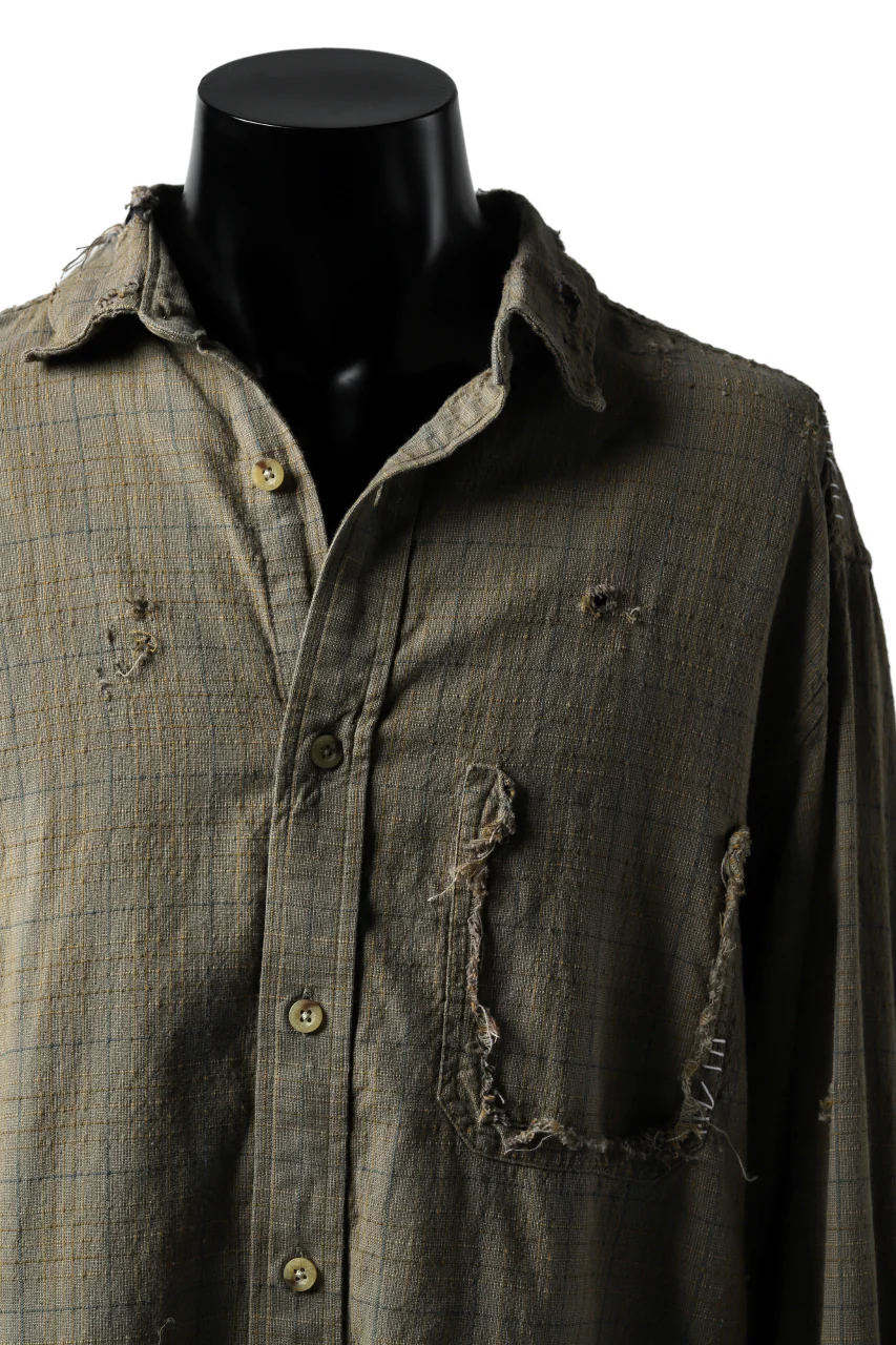 RESURRECTION HANDMADE vintage damage plaid shirt (KHAKI BEIGE) - Image 6