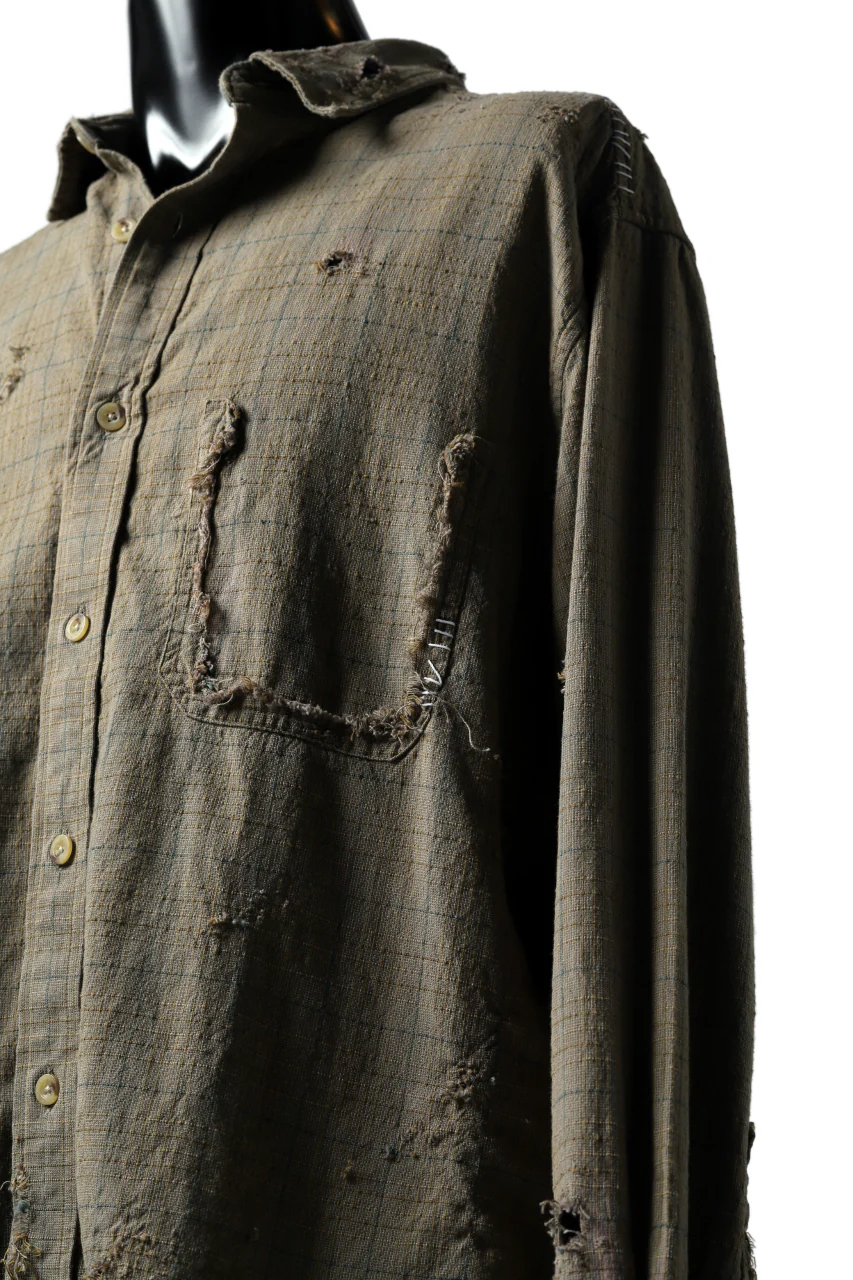 RESURRECTION HANDMADE vintage damage plaid shirt (KHAKI BEIGE) - Image 9