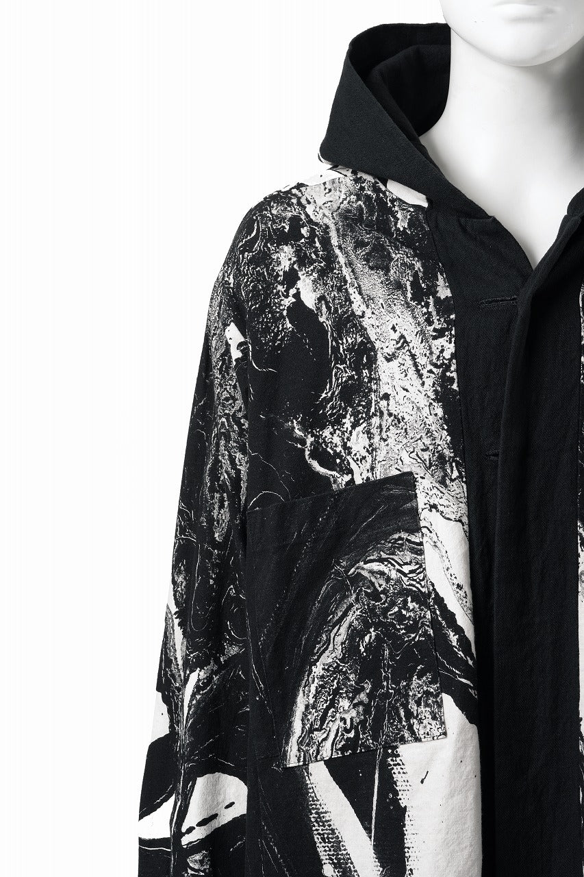 【SAMPLE SALE】vital reversible hooded coat / organic twill+texture print (BLACK x PRINT) - Image 7