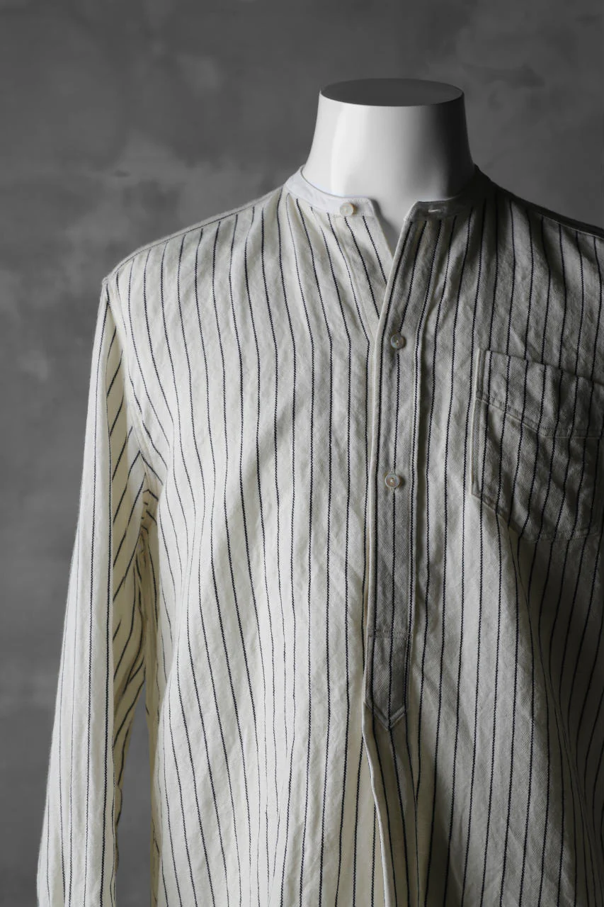 sus-sous band collar shirt / W52L48 Herringbone stripe (NATURAL×NAVY) - Image 5