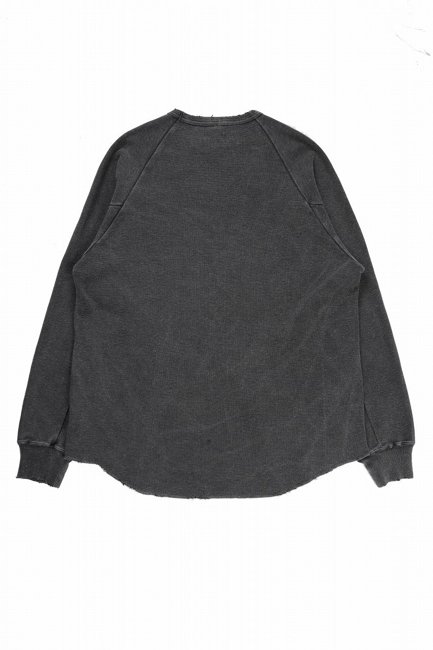 sus-sous raglan L/S tee / dyed & damaged waffle 3/4 Cotton Linen (BLACK) - Image 3