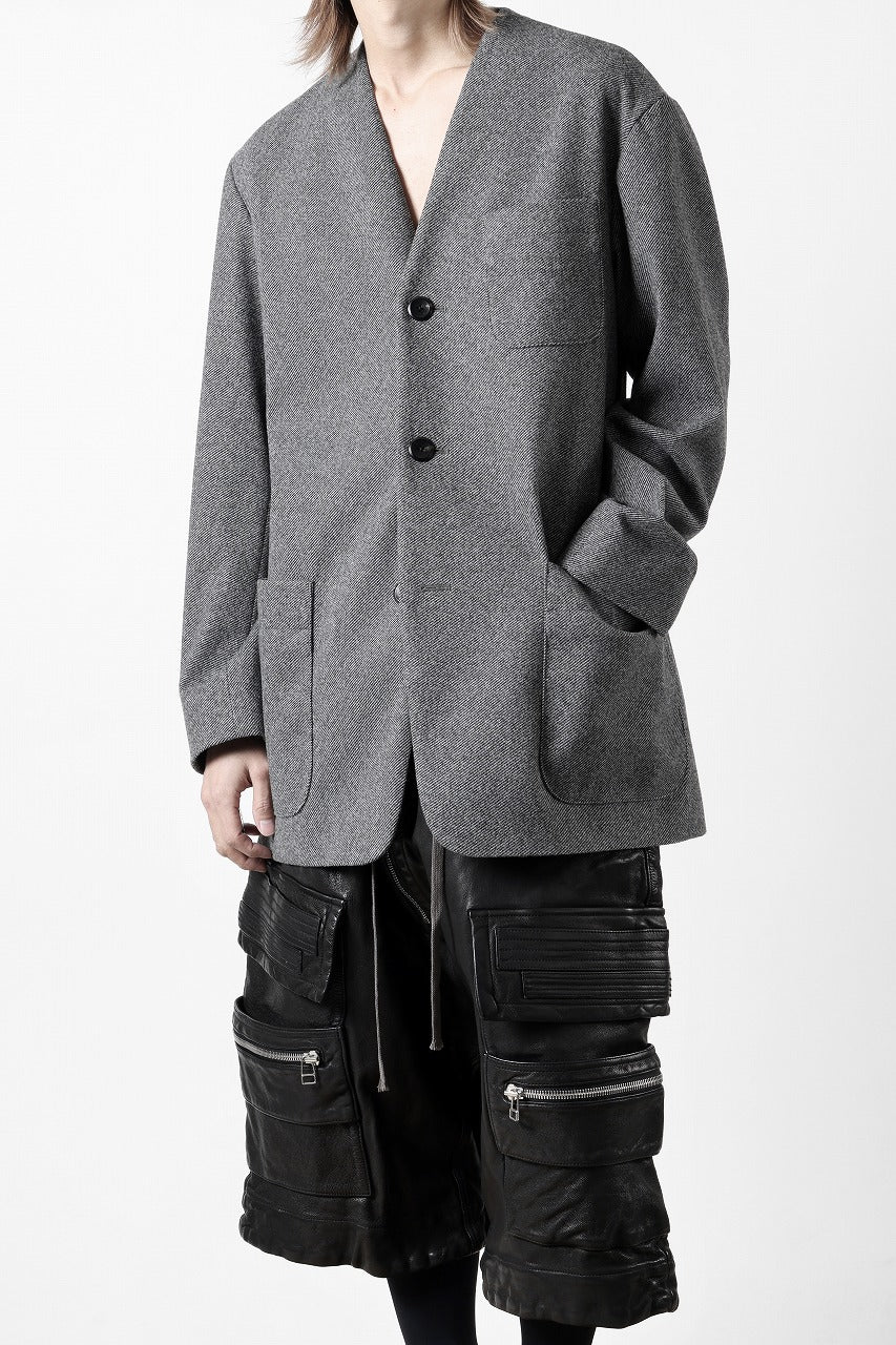 TARO HORIUCHI / th products Collarless Jacket / active setter tweed knit (gray) - Image 2