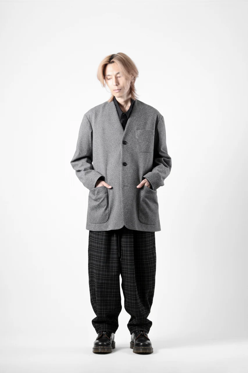 TARO HORIUCHI / th products Collarless Jacket / active setter tweed knit (gray) - Image 31