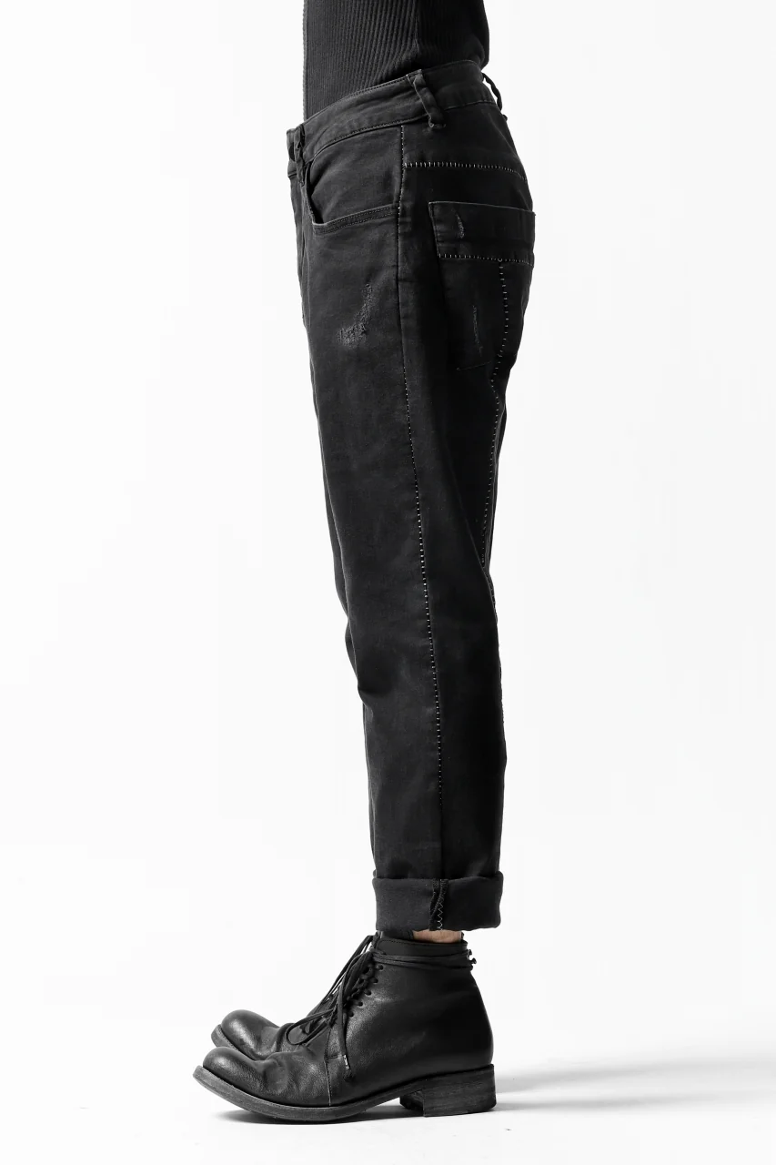 thomkrom OVER LOCK SLIM CROPPED PANTS / DAMAGE STRETCH DENIM (BLACK) - Image 26