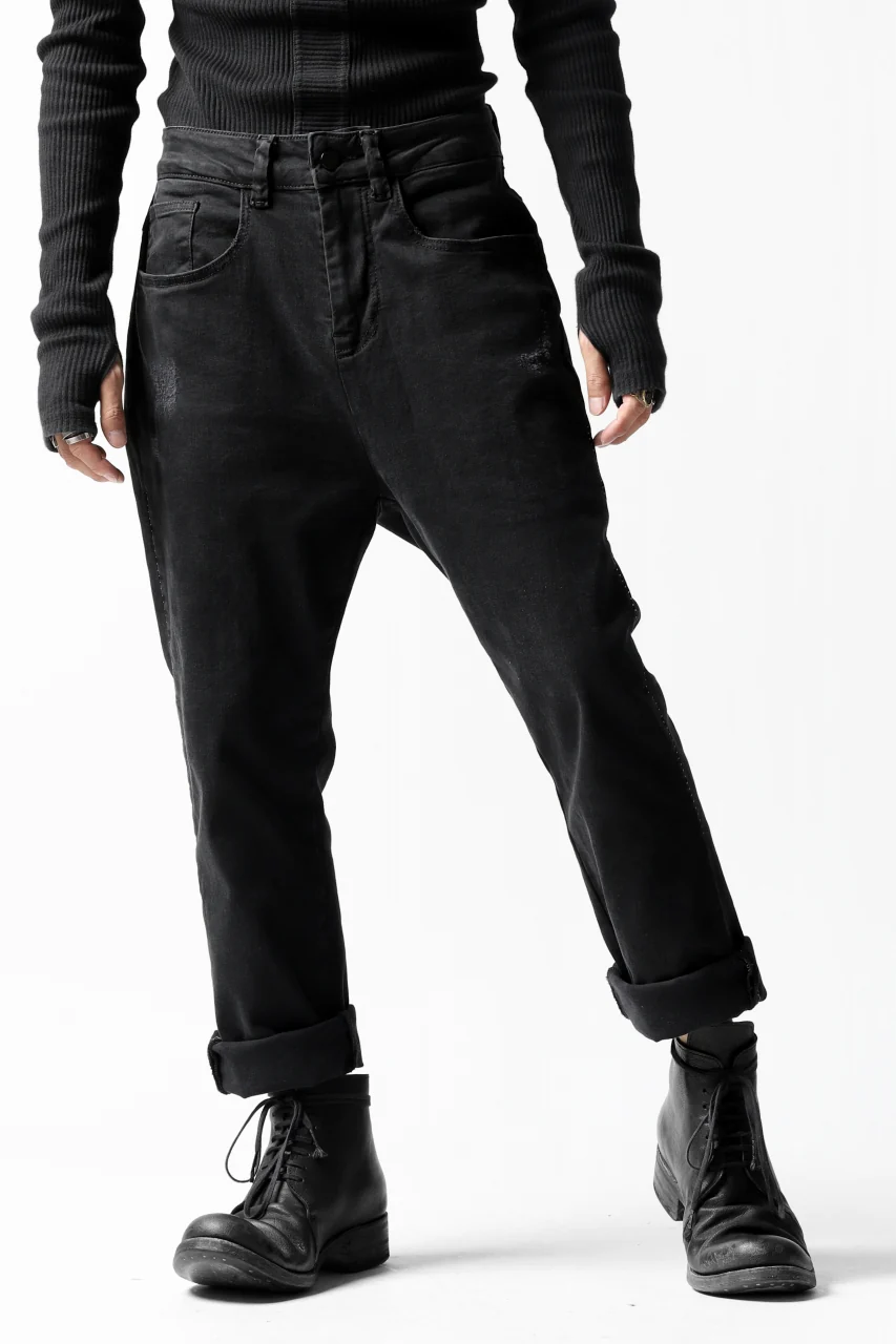 thomkrom OVER LOCK SLIM CROPPED PANTS / DAMAGE STRETCH DENIM (BLACK) - Image 3