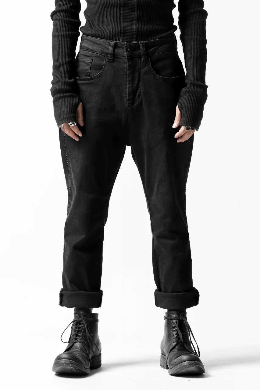 thomkrom OVER LOCK SLIM CROPPED PANTS / DAMAGE STRETCH DENIM (BLACK) - Image 5