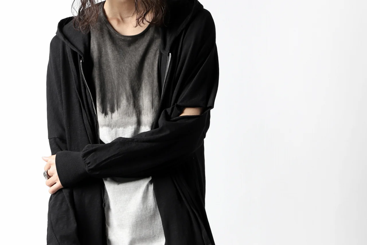 thomkrom SLAB JERSEY HOODIE ZIP UP PARKA / SLASHED CUT (BLACK) - Image 35