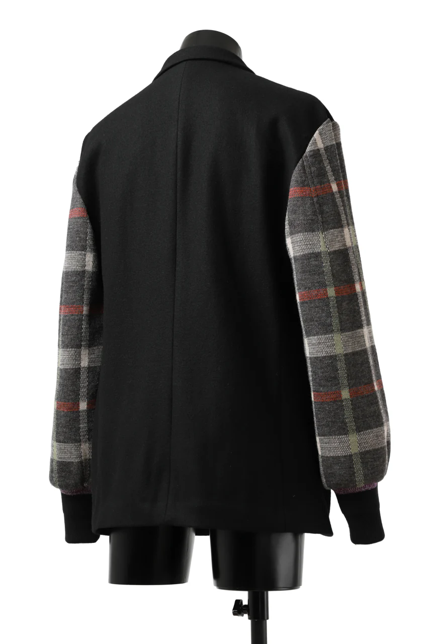 Y's BANG ON! No.176 2 STEP RIB JACKET / WOOL MELTON SMOOTH + CHECKED JACQUARD (BLACK) - Image 11