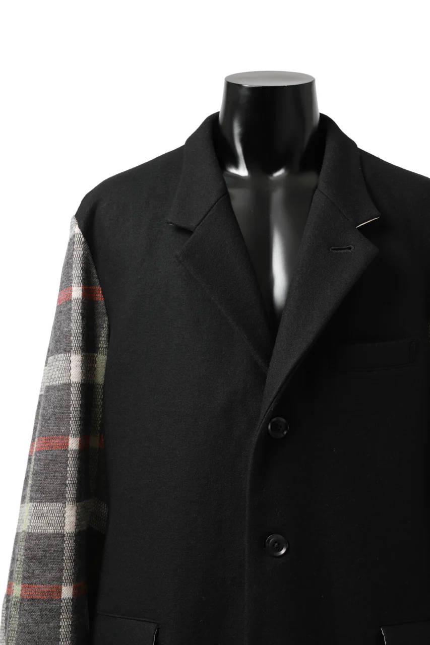 Y's BANG ON! No.176 2 STEP RIB JACKET / WOOL MELTON SMOOTH + CHECKED JACQUARD (BLACK) - Image 13