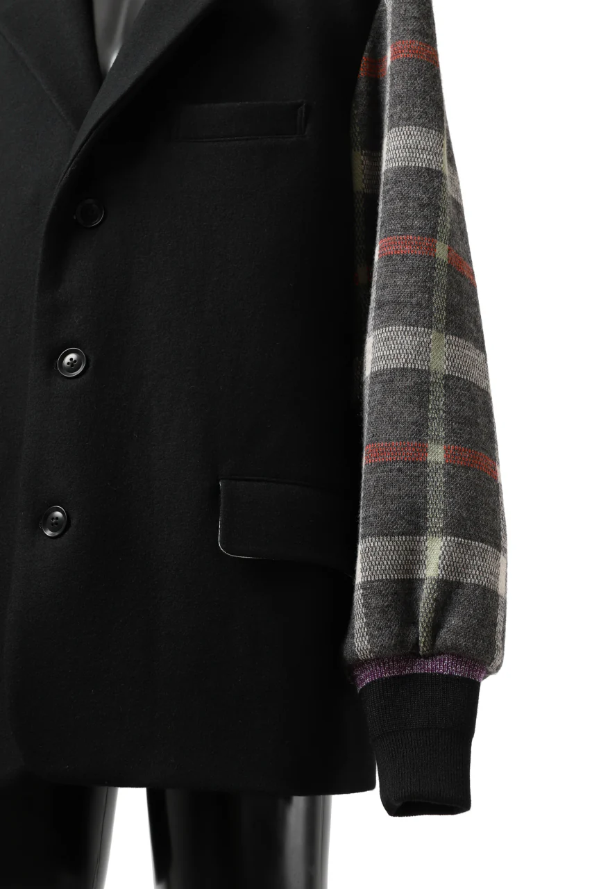 Y's BANG ON! No.176 2 STEP RIB JACKET / WOOL MELTON SMOOTH + CHECKED JACQUARD (BLACK) - Image 15
