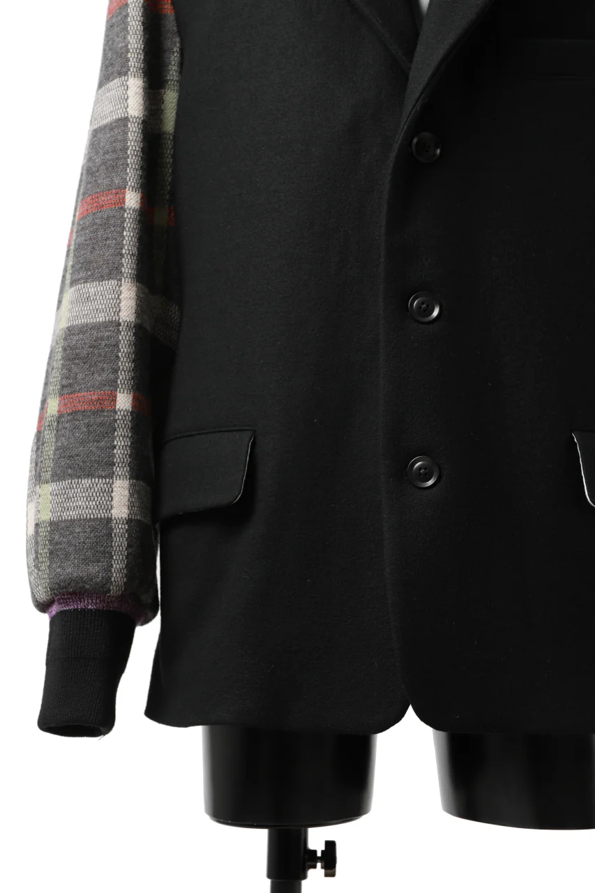 Y's BANG ON! No.176 2 STEP RIB JACKET / WOOL MELTON SMOOTH + CHECKED JACQUARD (BLACK) - Image 17