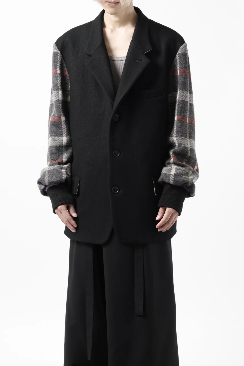 Y's BANG ON! No.176 2 STEP RIB JACKET / WOOL MELTON SMOOTH + CHECKED JACQUARD (BLACK) - Image 27