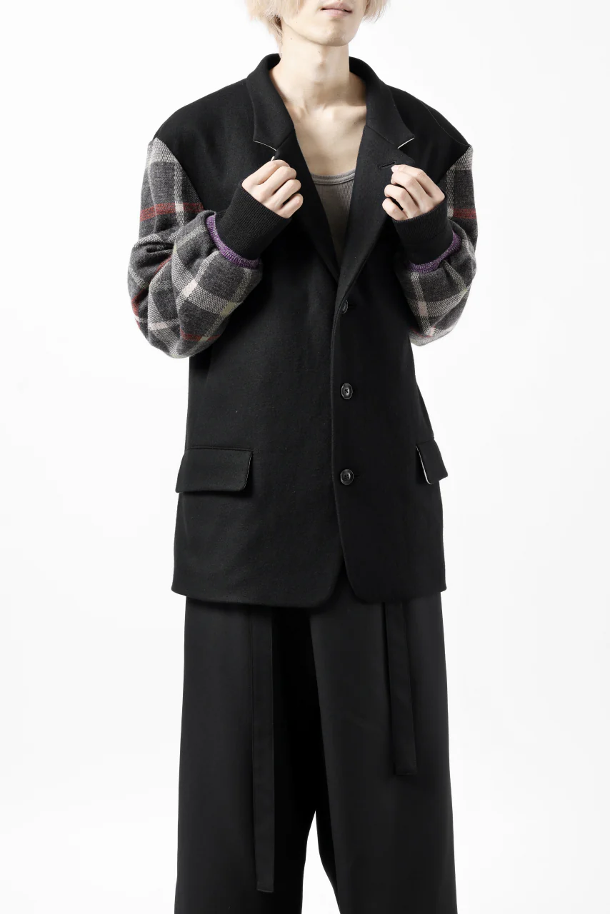 Y's BANG ON! No.176 2 STEP RIB JACKET / WOOL MELTON SMOOTH + CHECKED JACQUARD (BLACK) - Image 31