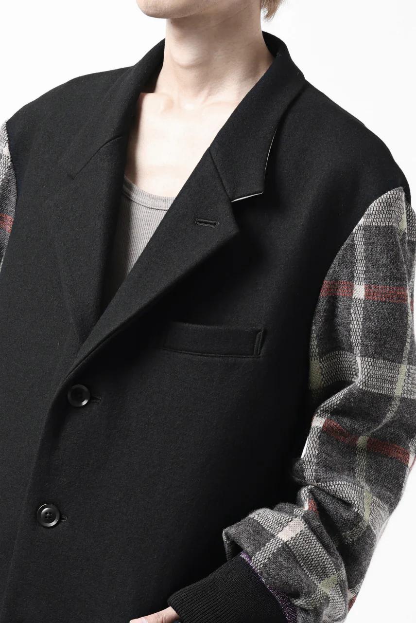 Y's BANG ON! No.176 2 STEP RIB JACKET / WOOL MELTON SMOOTH + CHECKED JACQUARD (BLACK) - Image 46