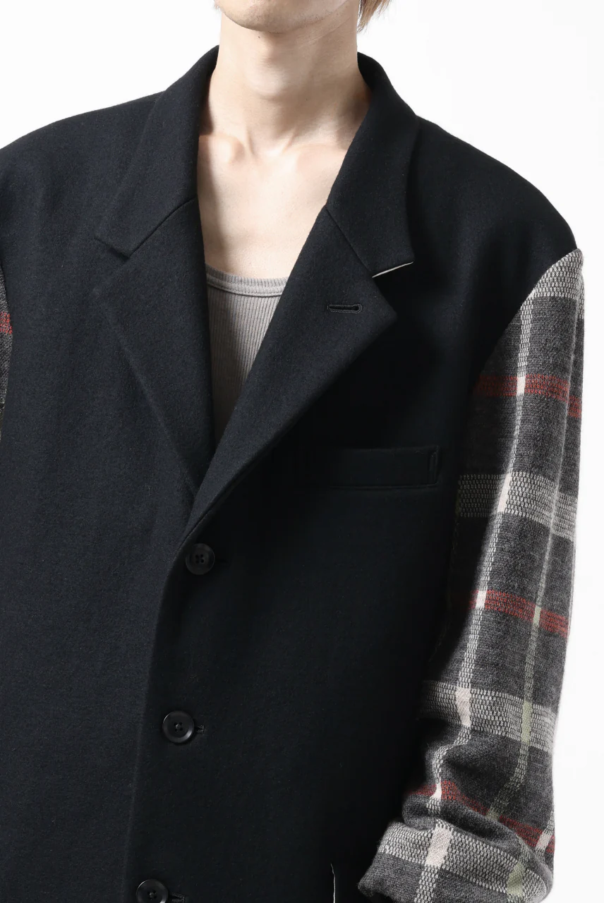 Y's BANG ON! No.176 2 STEP RIB JACKET / WOOL MELTON SMOOTH + CHECKED JACQUARD (BLACK) - Image 48