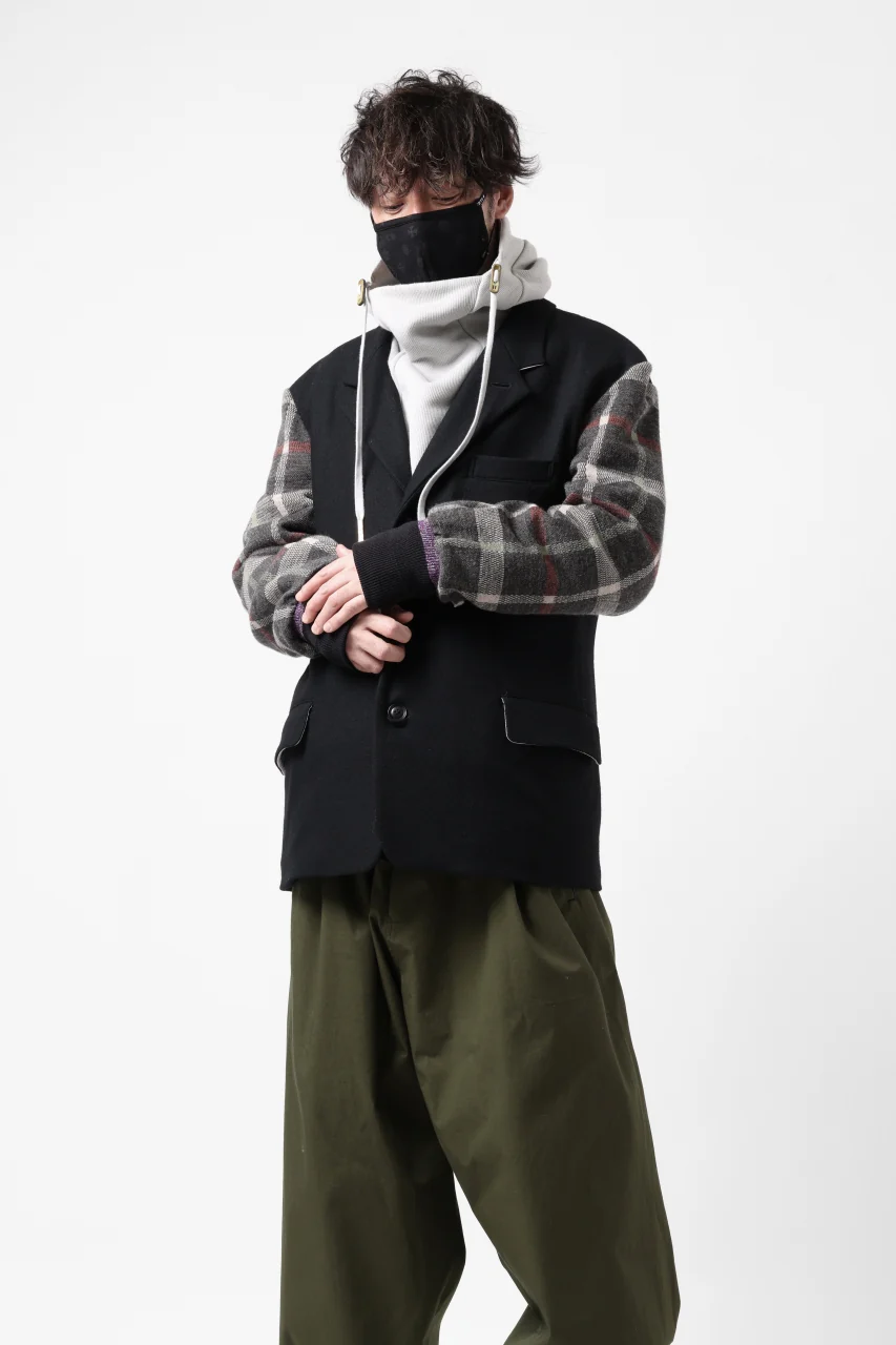 Y's BANG ON! No.176 2 STEP RIB JACKET / WOOL MELTON SMOOTH + CHECKED JACQUARD (BLACK) - Image 52