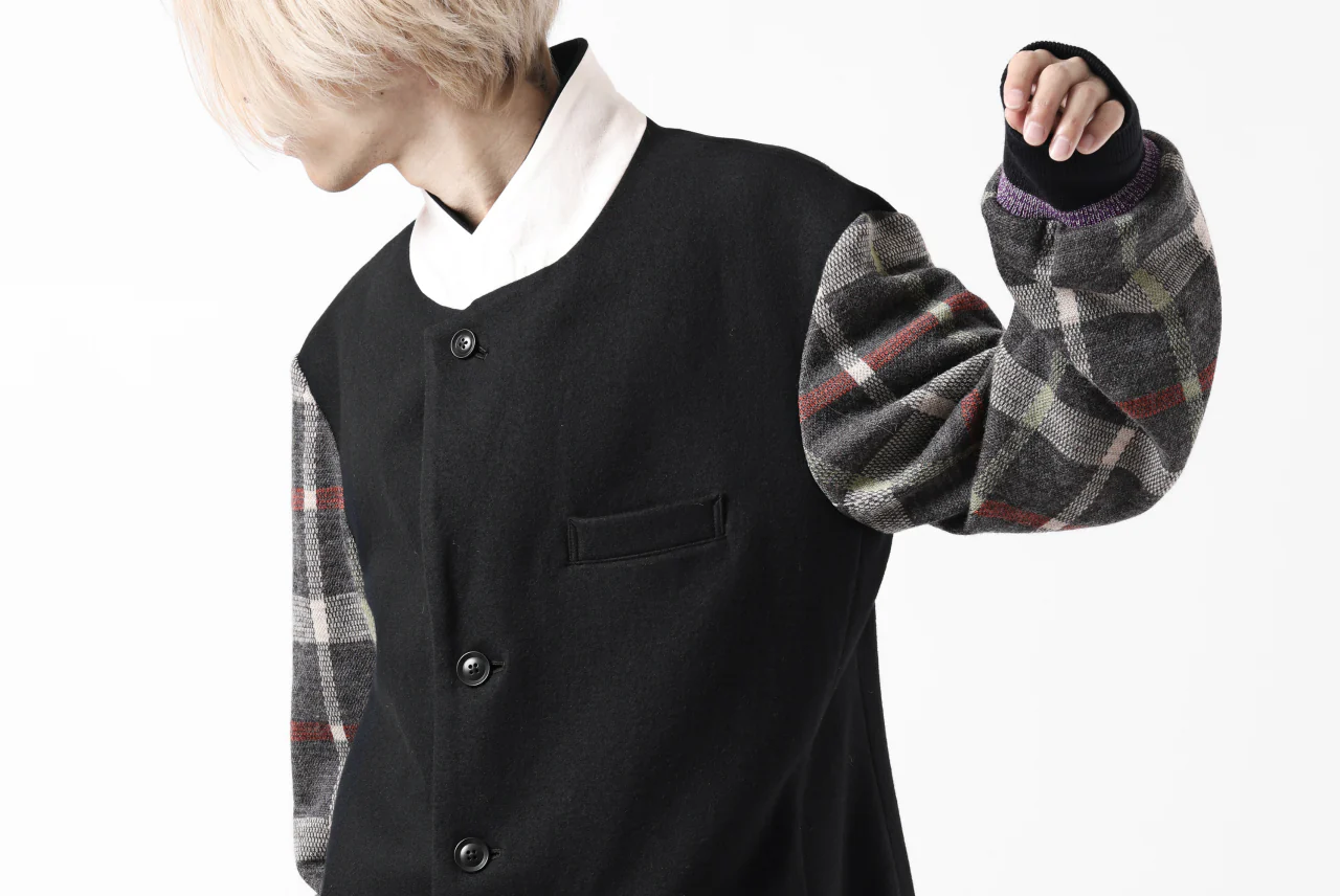 Y's BANG ON! No.176 2 STEP RIB JACKET / WOOL MELTON SMOOTH + CHECKED JACQUARD (BLACK) - Image 66