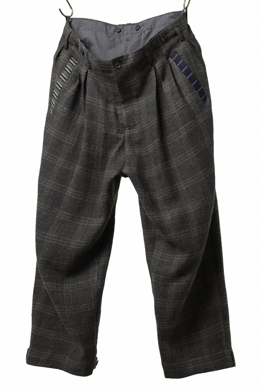 Y's for men CHECK WIDE PANTS with HEM TUB / JP INK DYED LINEN / WOOL (BROWN) - Image 2