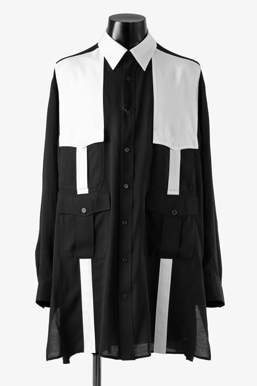 Y's for men MONOCHROME SAFARI POCKET SHIRT / CELLULOSE LAWN + COTTON (BLACK)