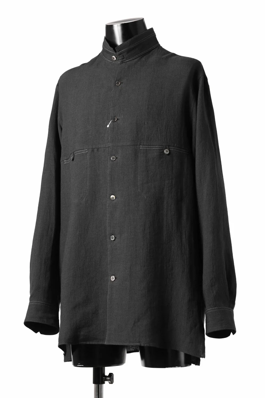 Y's for men STAND COLLAR SHIRT WITH WHITE STITCH / 60 LINEN LAWN (BLACK) - Image 2