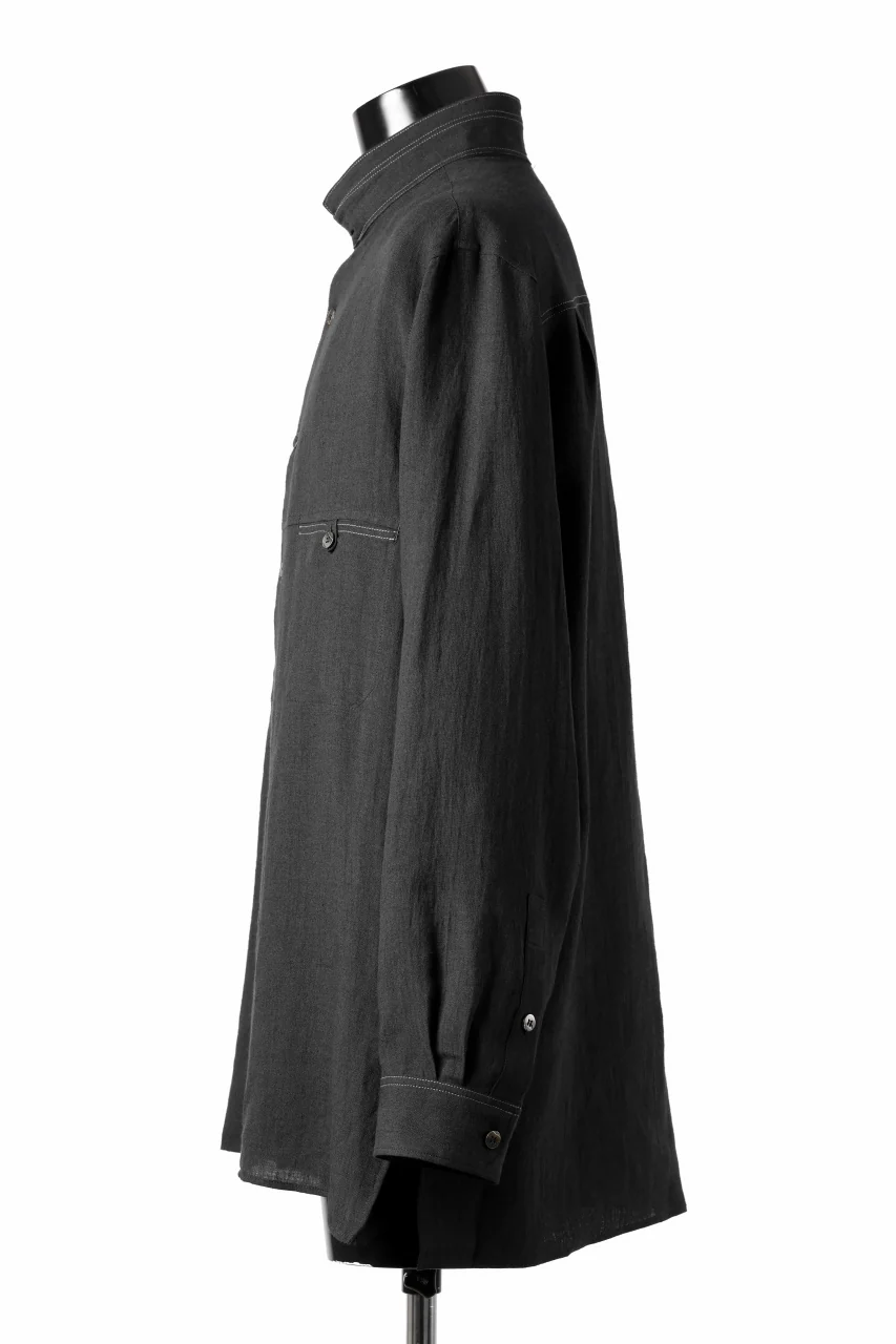Y's for men STAND COLLAR SHIRT WITH WHITE STITCH / 60 LINEN LAWN (BLACK) - Image 3