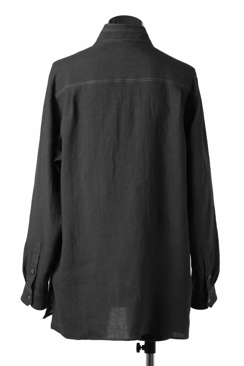 Y's for men STAND COLLAR SHIRT WITH WHITE STITCH / 60 LINEN LAWN (BLACK) - Image 4