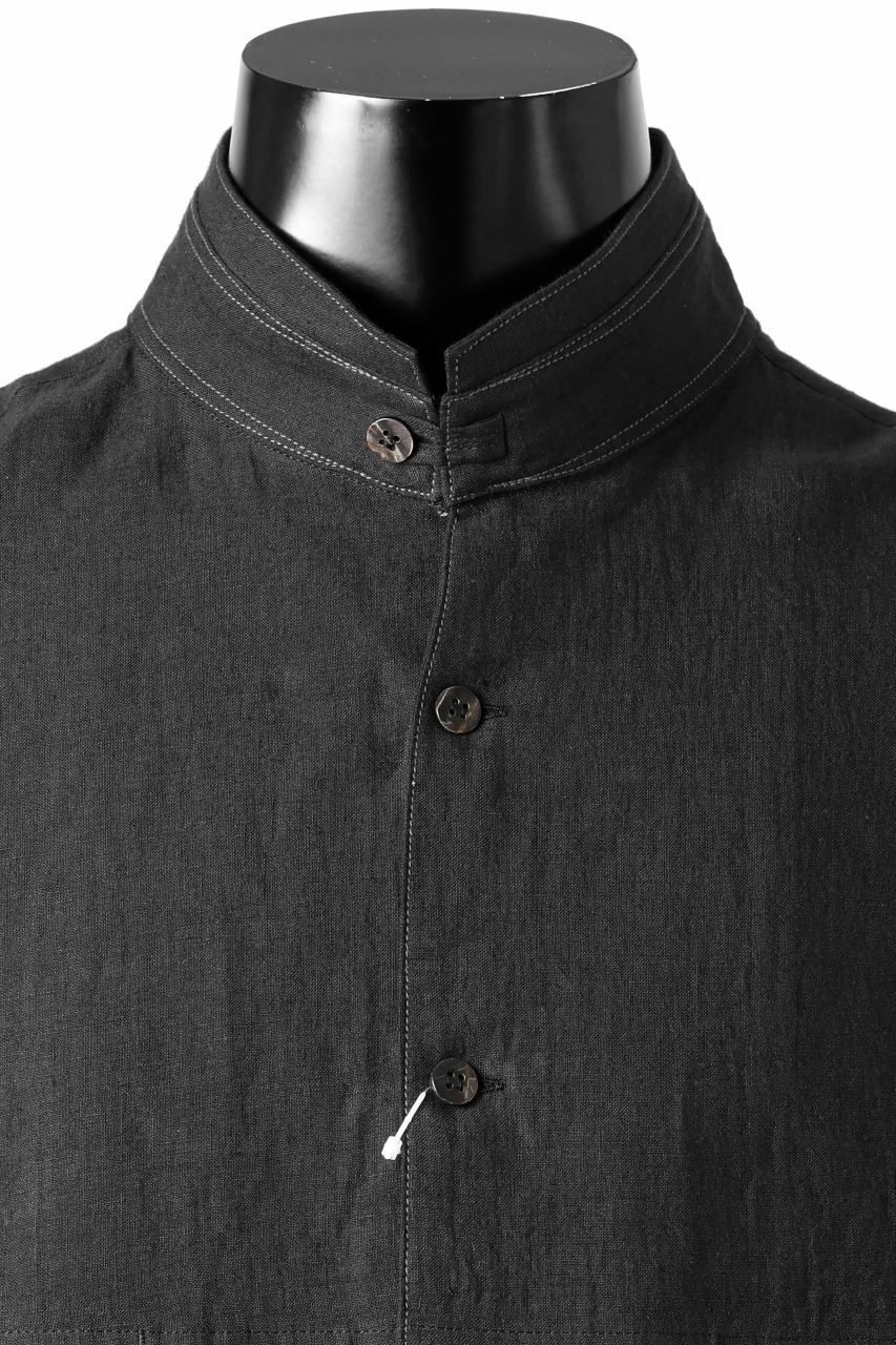 Y's for men STAND COLLAR SHIRT WITH WHITE STITCH / 60 LINEN LAWN (BLACK) - Image 5