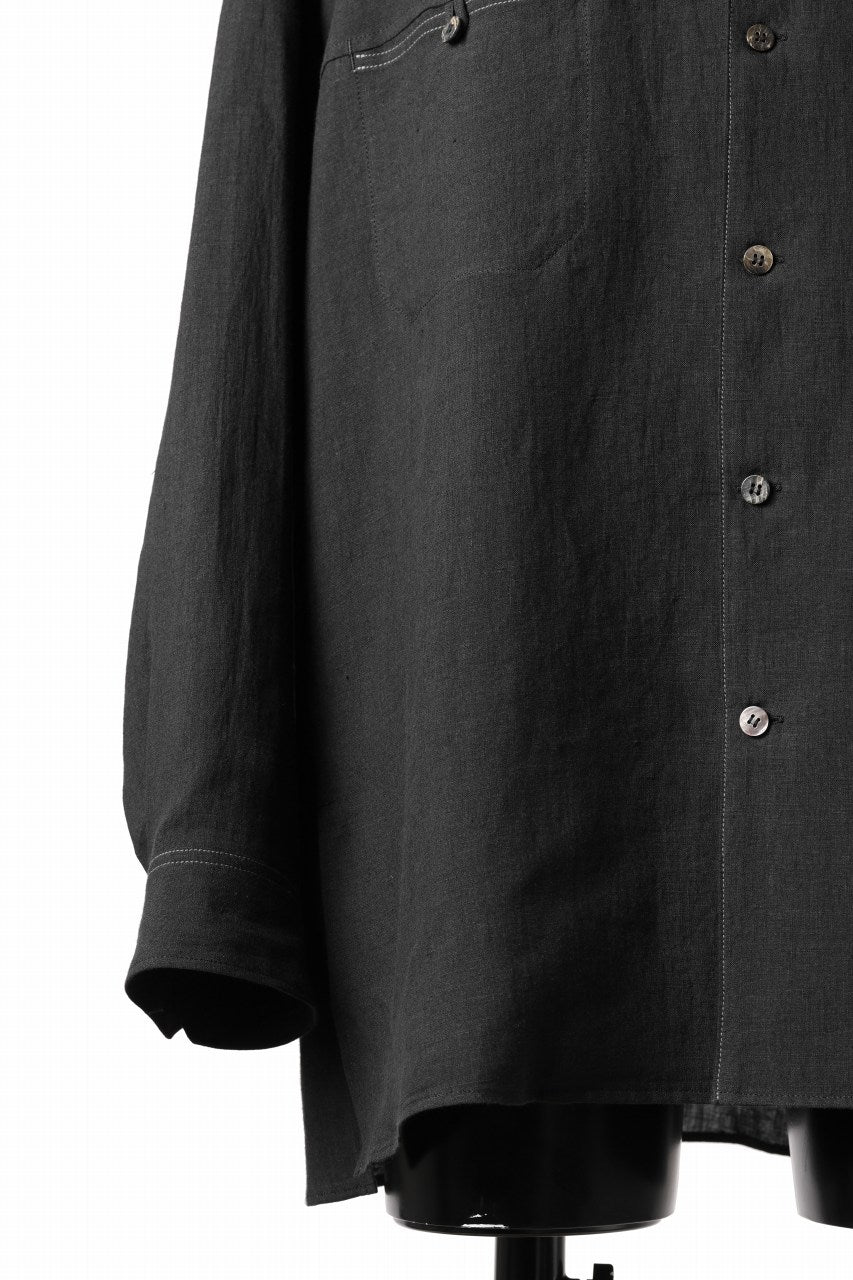Y's for men STAND COLLAR SHIRT WITH WHITE STITCH / 60 LINEN LAWN (BLACK) - Image 6