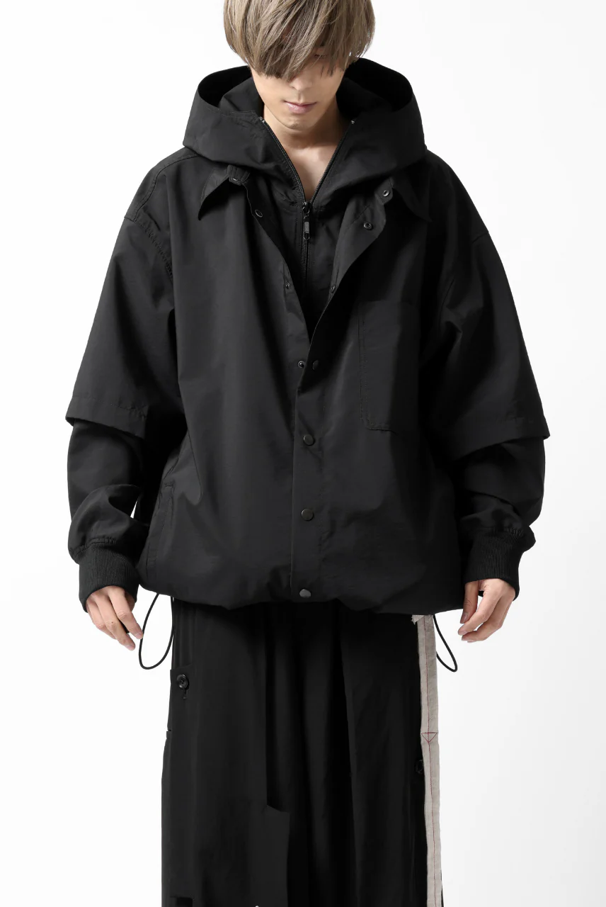 Y's....  HOODY LAYERED SHIRT ZIP BLOUSON / STRETCH TASSAH (BLACK) - Image 3