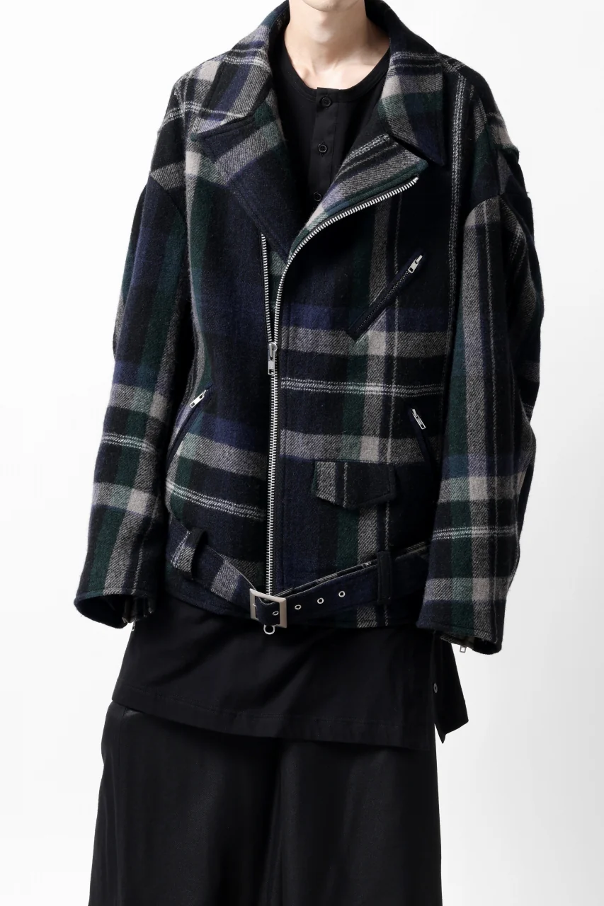 Y's OVER SIZED W RIDERS JACKET / BRANKET CHECK WOOL (BLACK) - Image 11