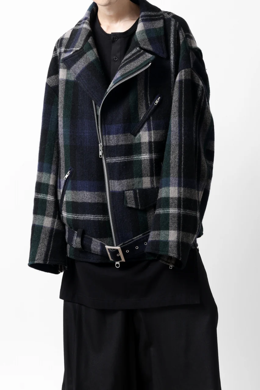 Y's OVER SIZED W RIDERS JACKET / BRANKET CHECK WOOL (BLACK) - Image 14