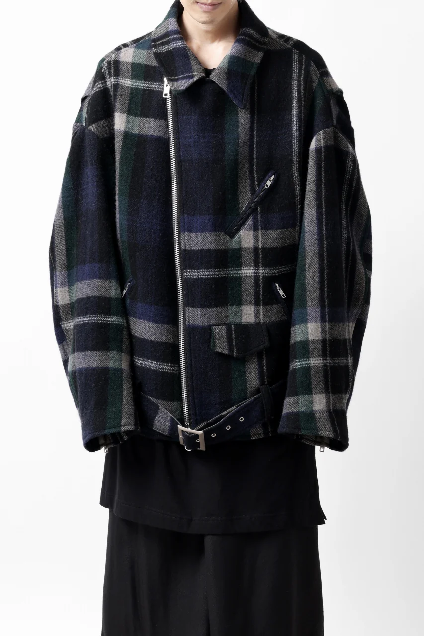 Y's OVER SIZED W RIDERS JACKET / BRANKET CHECK WOOL (BLACK) - Image 2