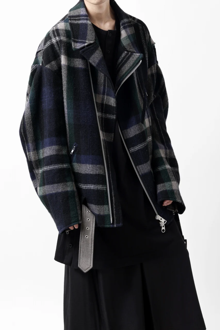 Y's OVER SIZED W RIDERS JACKET / BRANKET CHECK WOOL (BLACK) - Image 23