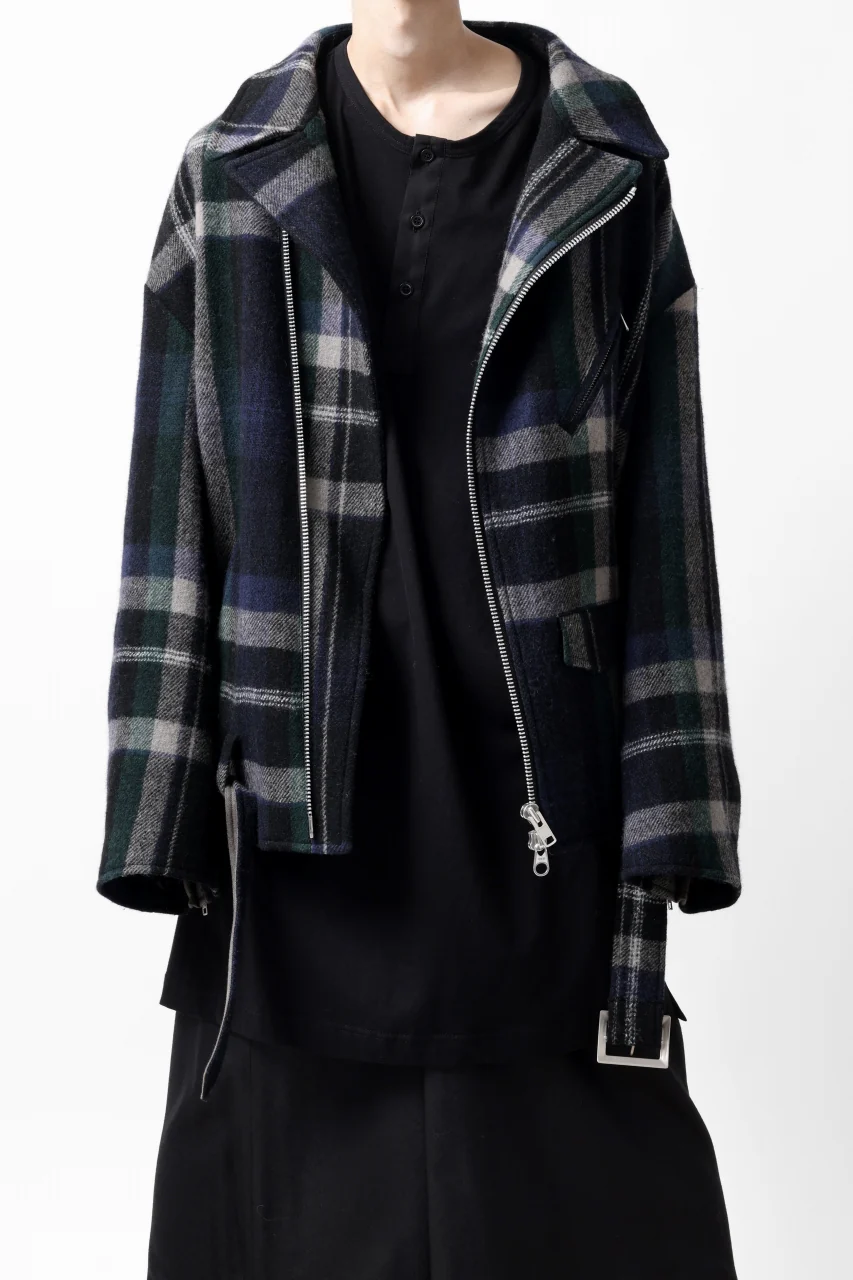 Y's OVER SIZED W RIDERS JACKET / BRANKET CHECK WOOL (BLACK) - Image 25
