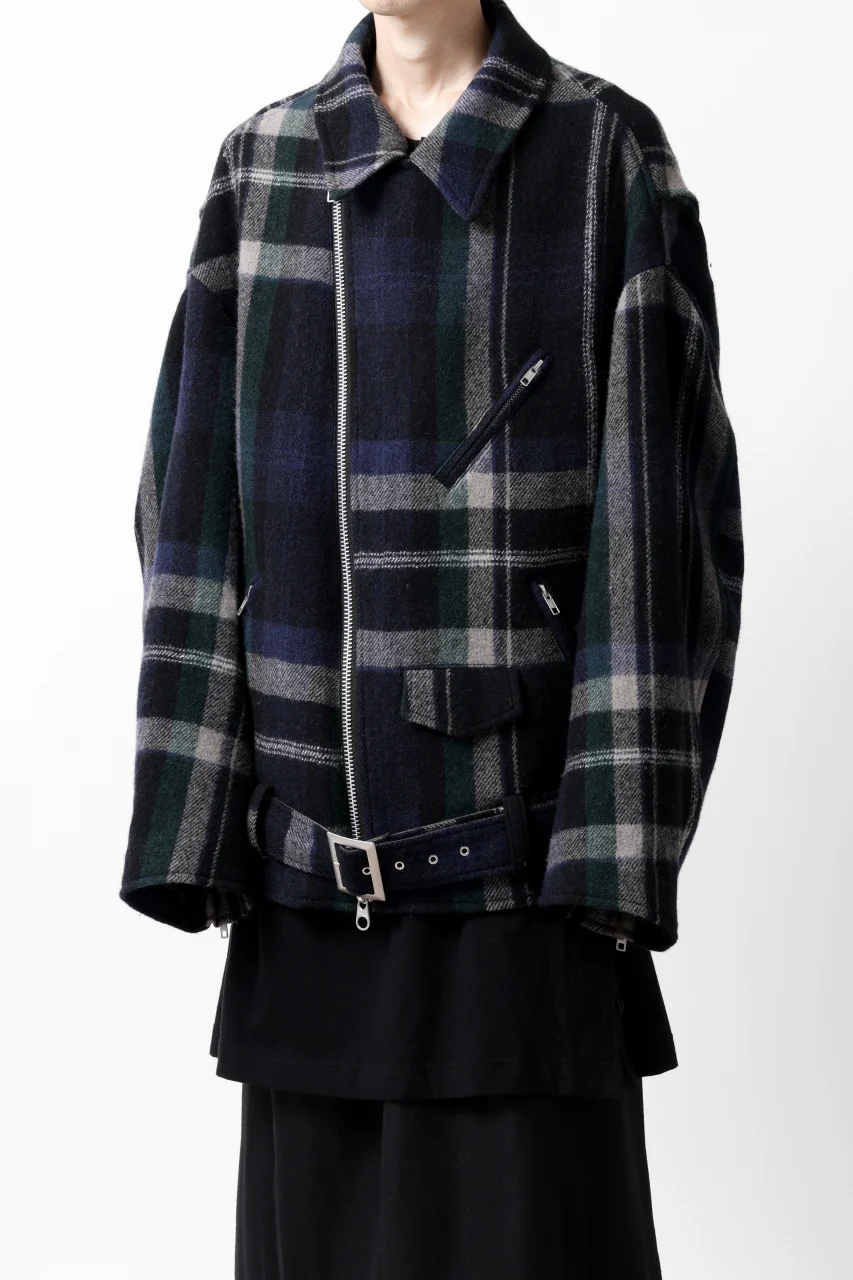 Y's OVER SIZED W RIDERS JACKET / BRANKET CHECK WOOL (BLACK) - Image 3