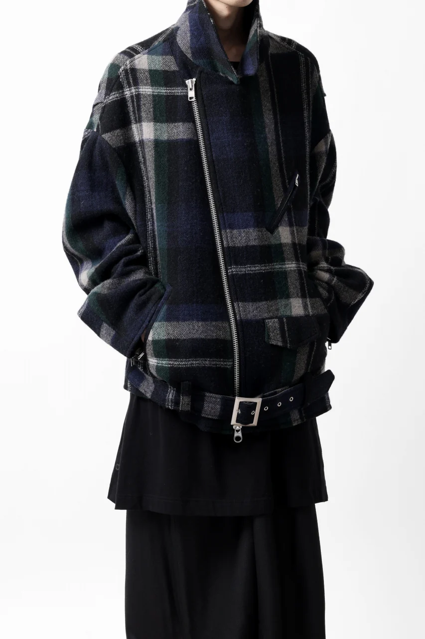 Y's OVER SIZED W RIDERS JACKET / BRANKET CHECK WOOL (BLACK) - Image 5