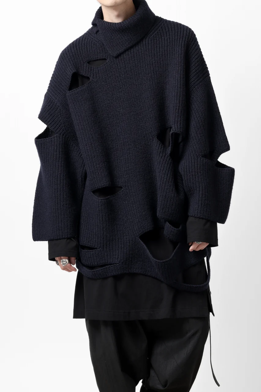 Y's SLASHED HIGHNECK KNIT PULLOVER / 5G WOOL (NAVY) - Image 2