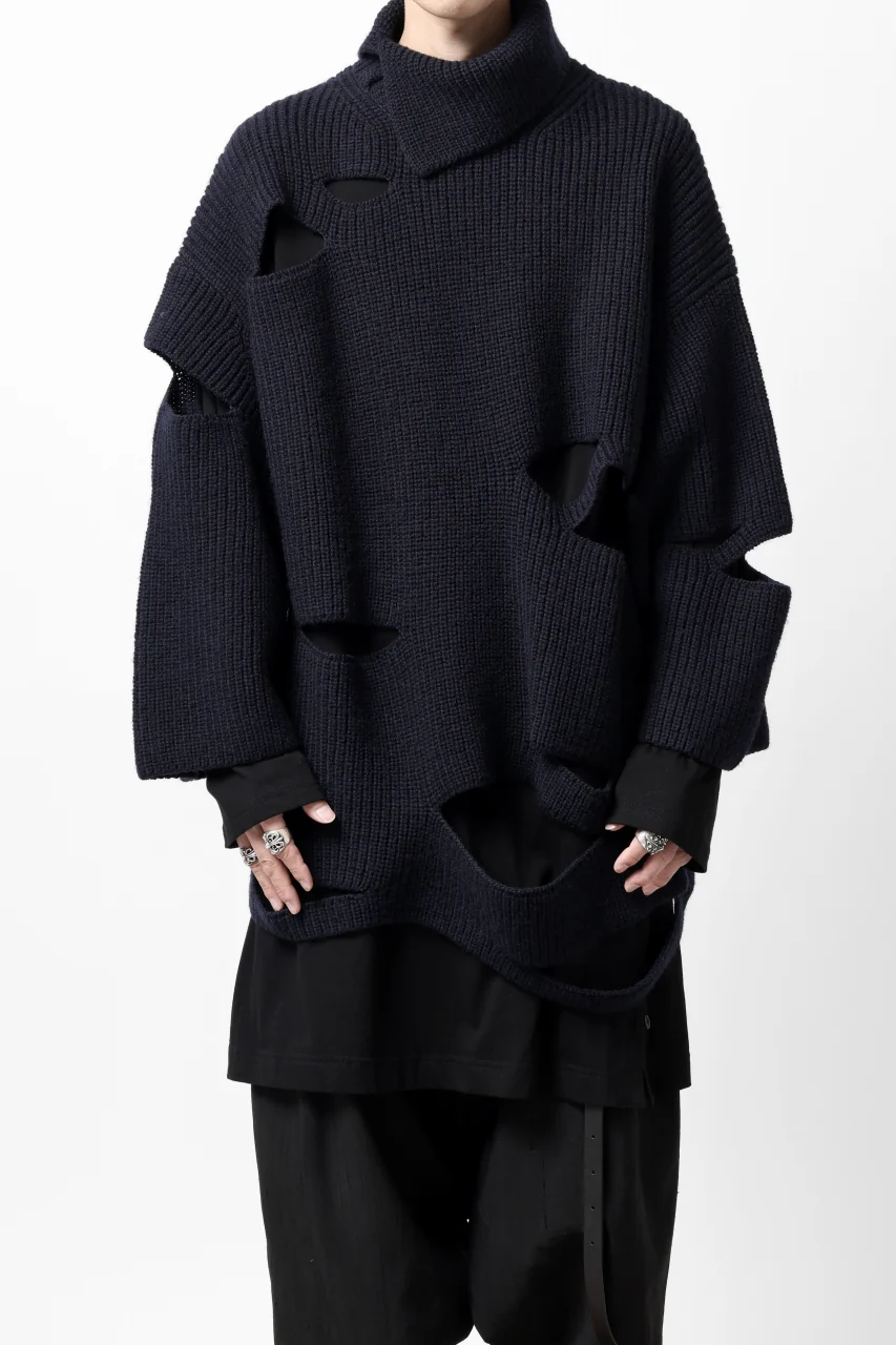 Y's SLASHED HIGHNECK KNIT PULLOVER / 5G WOOL (NAVY) - Image 3
