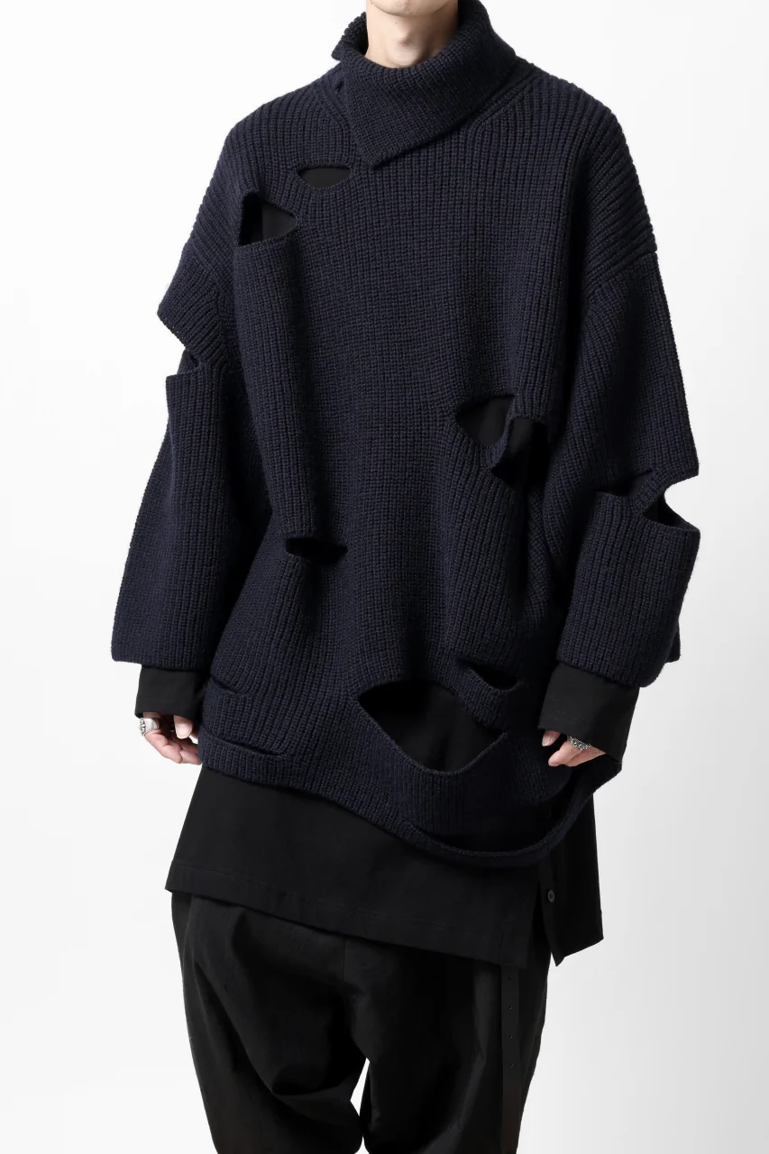 Y's SLASHED HIGHNECK KNIT PULLOVER / 5G WOOL (NAVY) - Image 30