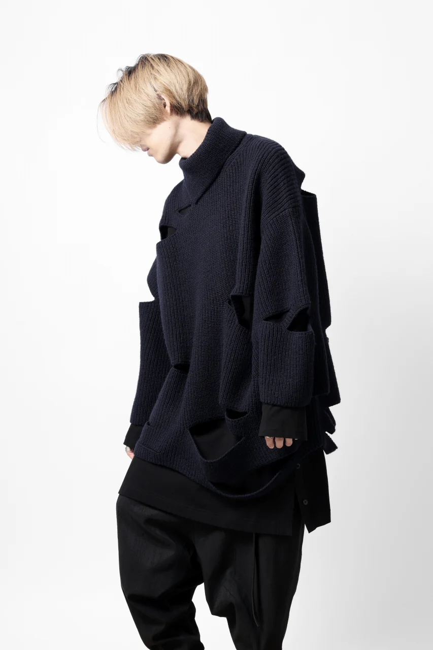 Y's SLASHED HIGHNECK KNIT PULLOVER / 5G WOOL (NAVY) - Image 36