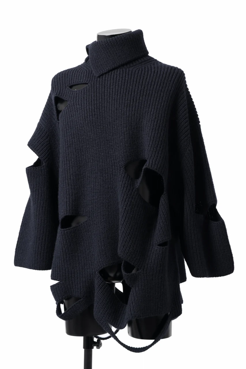 Y's SLASHED HIGHNECK KNIT PULLOVER / 5G WOOL (NAVY) - Image 4