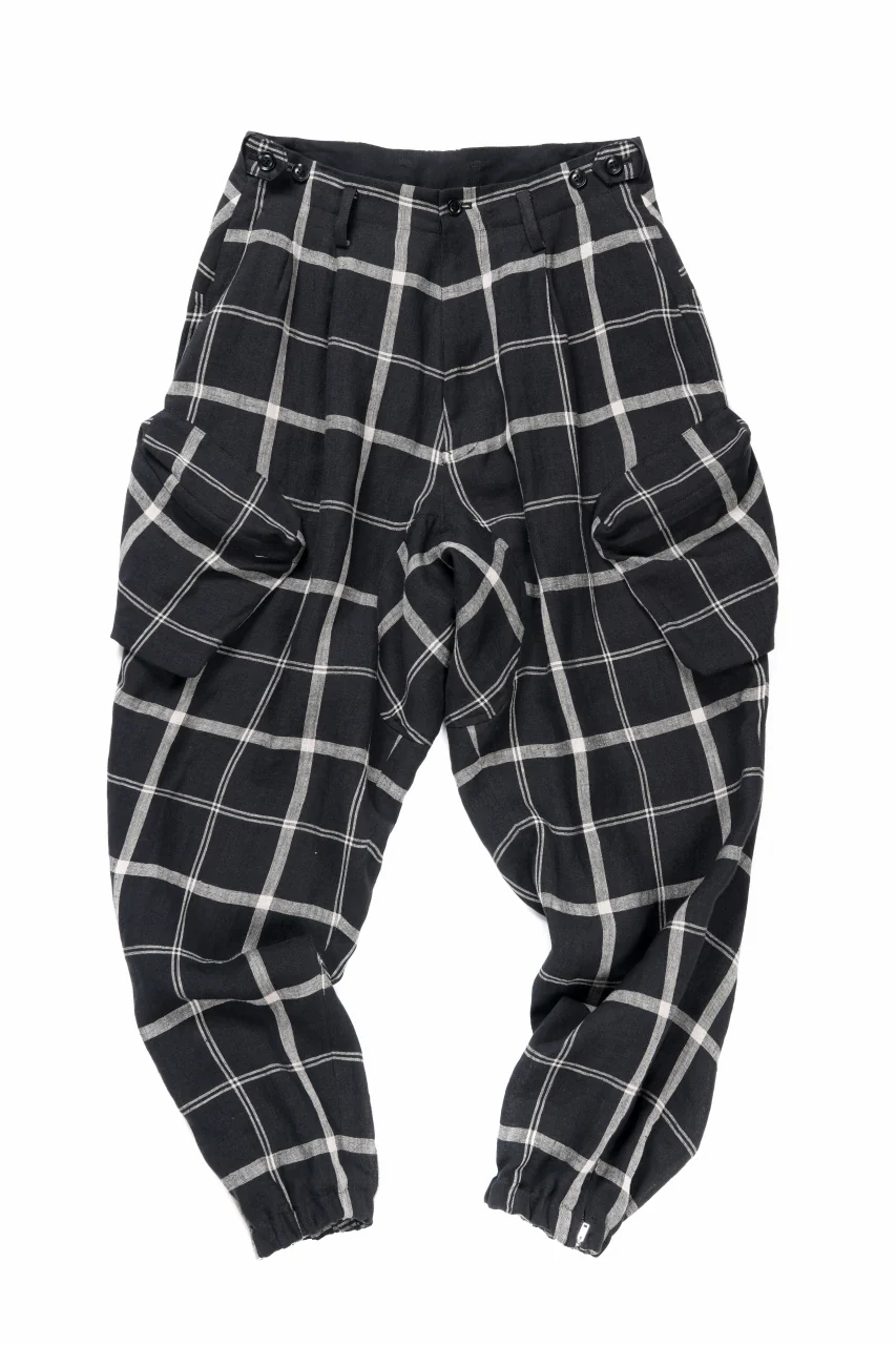 Y's ZIP POCKET TAPERED PANTS / LINEN PLAID (BLACK) - Image 2